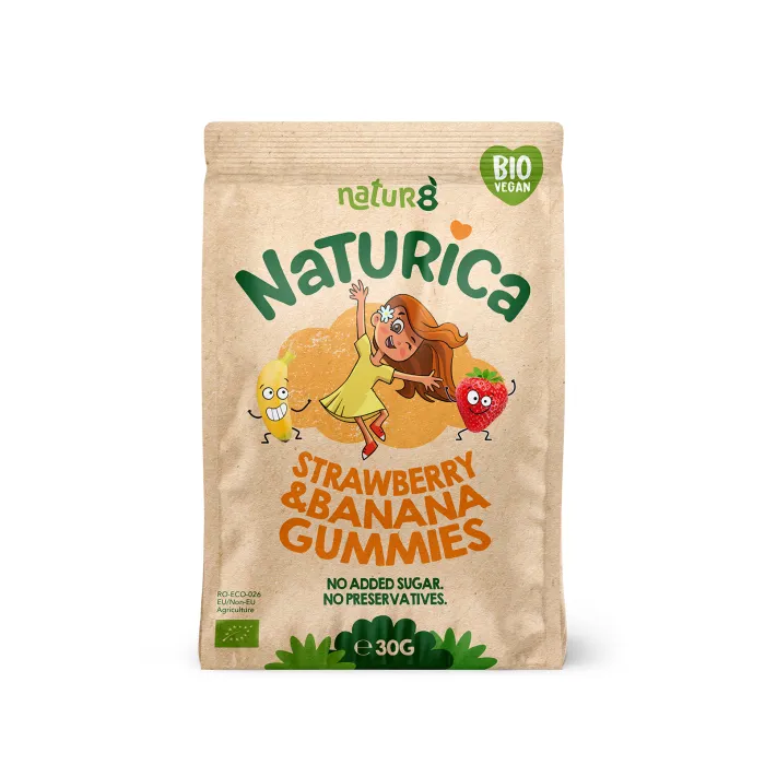 Naturica- Jeleuri din fructe cu capsuni si banane, bio, vegan, fara alergeni, 30 g
