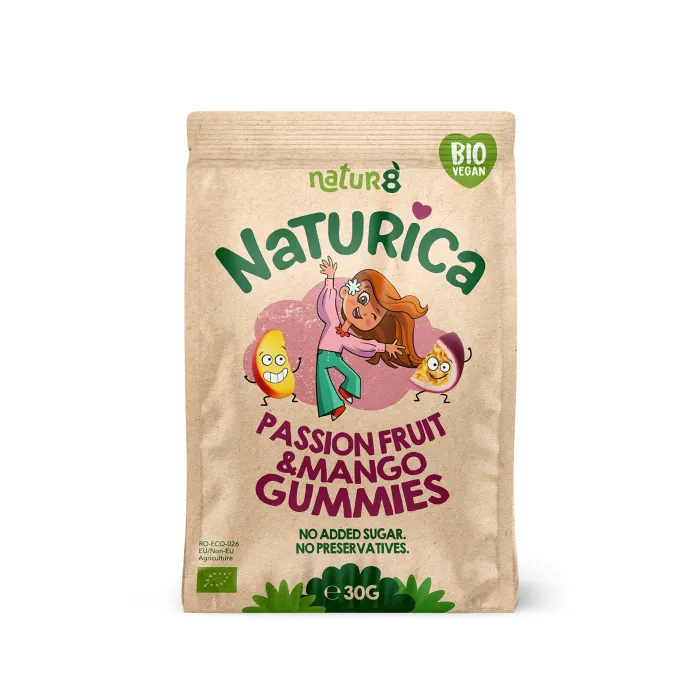 Naturica- Jeleuri din fructe cu mango si fructul pasiunii, bio, vegan, fara alergeni, 30 g