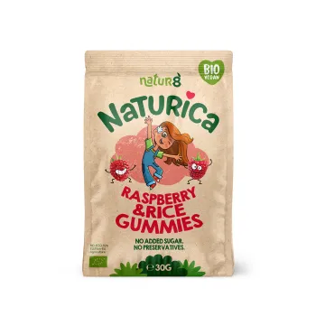 Naturica- Jeleuri din fructe cu zmeura si orez crocant, bio, vegan, fara alergeni, 30 g