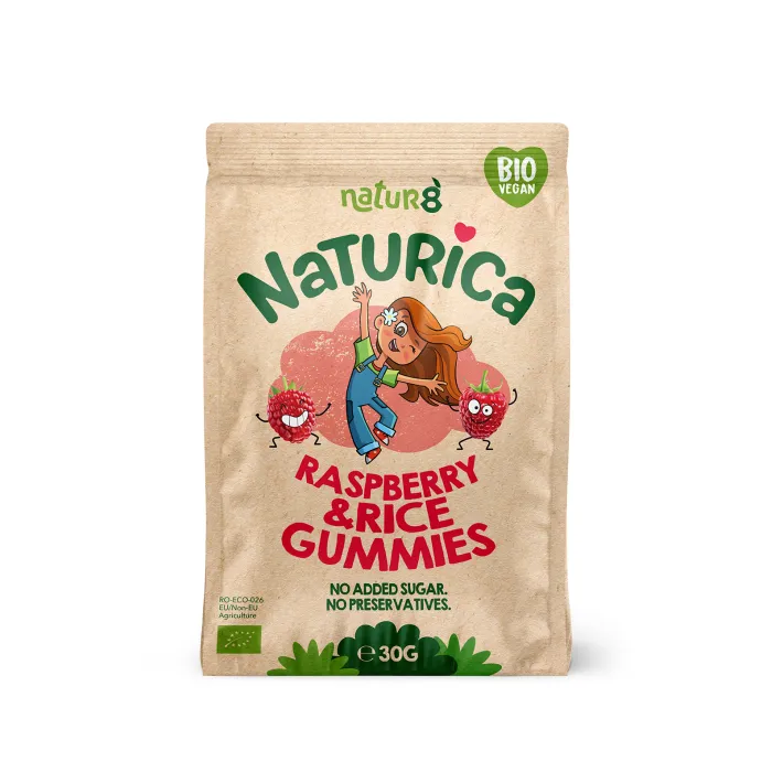 Naturica- Jeleuri din fructe cu zmeura si orez crocant, bio, vegan, fara alergeni, 30 g