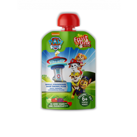 Piure din fructe cu mar, capsuni, visine, prune, 6 luni+, Paw Patrol, BIO, 90g.