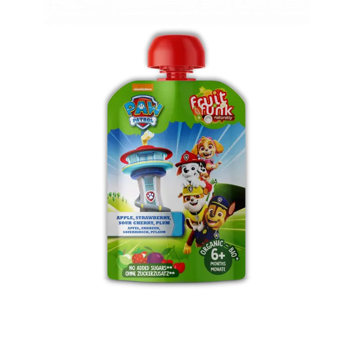 Piure din fructe cu mar, capsuni, visine, prune, 6 luni+, Paw Patrol, BIO, 90g.