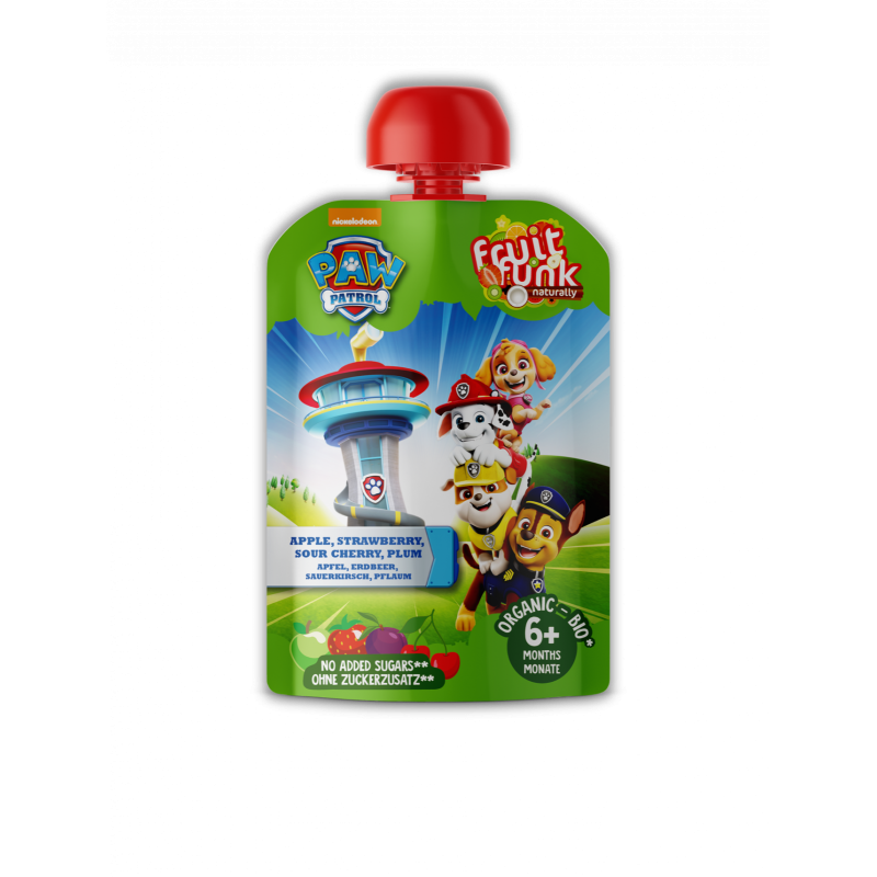 Piure din fructe cu mar, capsuni, visine, prune, 6 luni+, Paw Patrol, BIO, 90g.