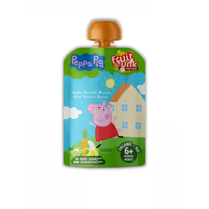 Piure din fructe cu mar, morcov, banane, 90, Peppa Pig, ECO, 6 luni +, 90 g