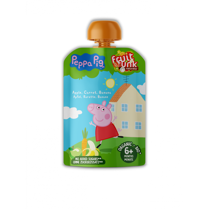 Piure din fructe cu mar, morcov, banane, 90, Peppa Pig, ECO, 6 luni +, 90 g