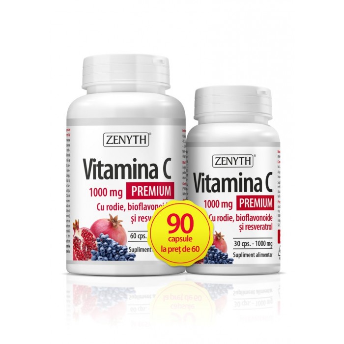 Pachet Promo Vitamina C Premium 1000 mg cu rodie si bioflavonoide (60 capsule + 30 capsule gratuit), Zenyth Pharmaceuticals