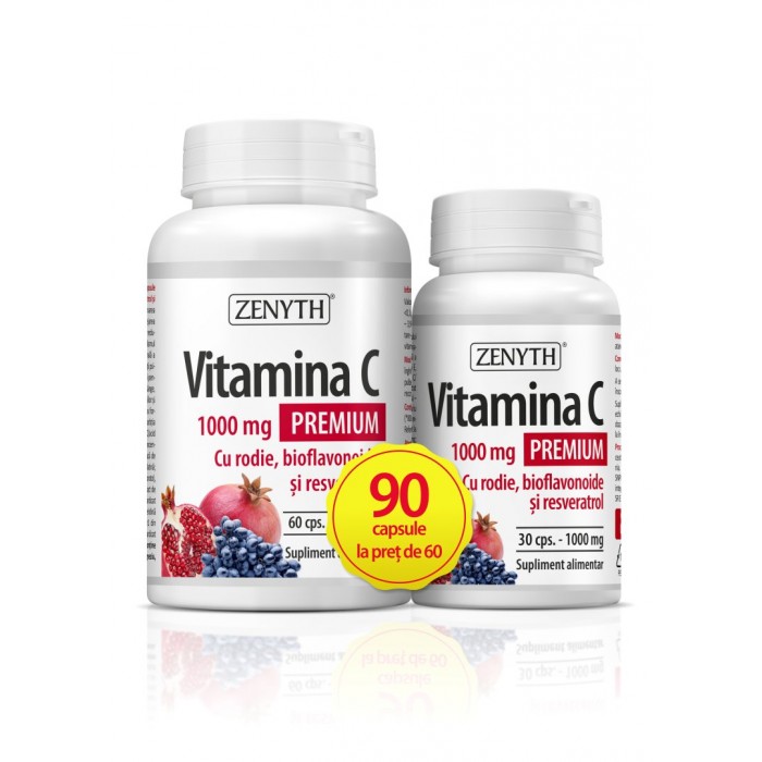 Pachet Promo Vitamina C Premium 1000 mg cu rodie si bioflavonoide (60 capsule + 30 capsule gratuit), Zenyth Pharmaceuticals Pachet Promo Vitamina C Premium 1000 mg cu rodie si bioflavonoide (60 capsule + 30 capsule gratuit), Zenyth Pharmaceuticals