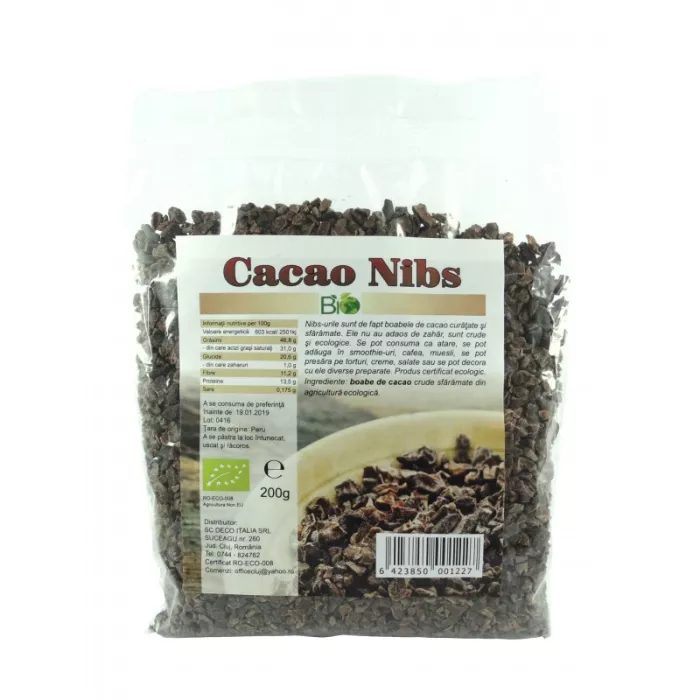 Cacao nibs (miez) bio crud (200 grame) Cacao nibs (miez) bio crud (200 grame)