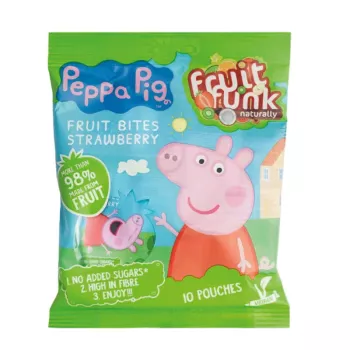 Gustare de fructe cu capsuni - Peppa Pig, vegan, fara zahar (10x10 grame), Fruitfunk Gustare de fructe cu capsuni - Peppa Pig, vegan, fara zahar (10x10 grame), Fruitfunk