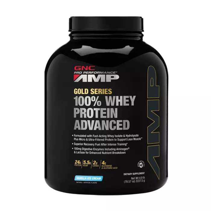 AMP Gold Advanced 100% Proteina din zer cu aroma de vanilie (2227.5 grame), GNC AMP Gold Advanced 100% Proteina din zer cu aroma de vanilie (2227.5 grame), GNC