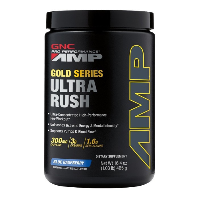 AMP Gold Series Ultra Rush Pre-workout cu aroma de zmeura albastra (465 grame), GNC Pro Performance AMP Gold Series Ultra Rush Pre-workout cu aroma de zmeura albastra (465 grame), GNC Pro Performance