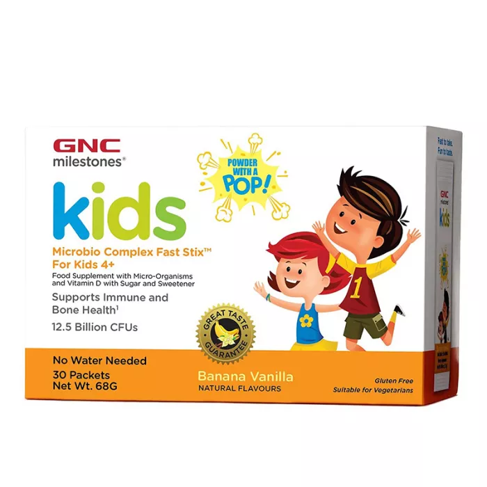 Microbio Complex Fast Stix Probiotice pentru copii 4+ ani cu aroma de vanilie si banane (30 plicuri), GNC Milestones Microbio Complex Fast Stix Probiotice pentru copii 4+ ani cu aroma de vanilie si banane (30 plicuri), GNC Milestones