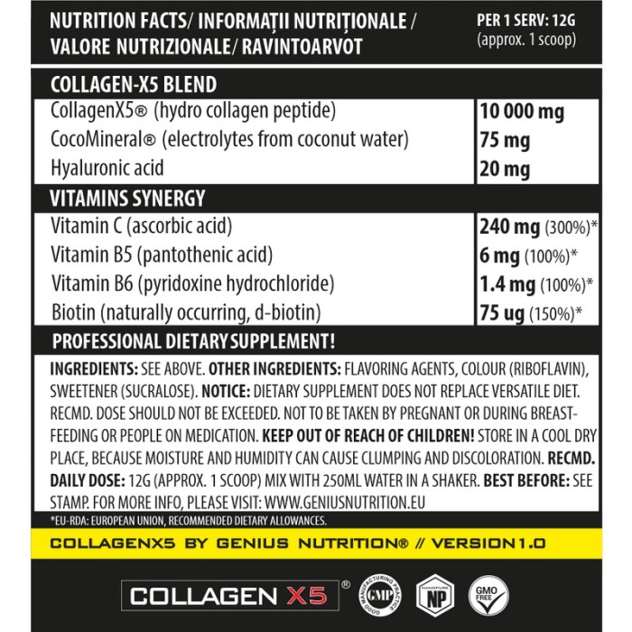 Collagen-X5 cu aroma de mango (360 grame), Genius Nutrition Collagen-X5 cu aroma de mango (360 grame), Genius Nutrition