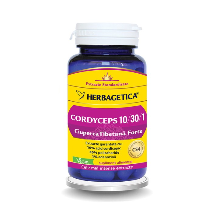 Cordyceps 10/30/1 Ciuperca Tibetana Forte (60 capsule), Herbagetica Cordyceps 10/30/1 Ciuperca Tibetana Forte (60 capsule), Herbagetica