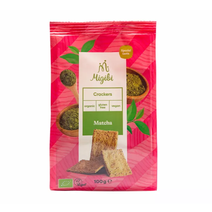 Crackers cu matcha, bio, vegan, fara gluten (100 grame), Migibi Crackers cu matcha, bio, vegan, fara gluten (100 grame), Migibi