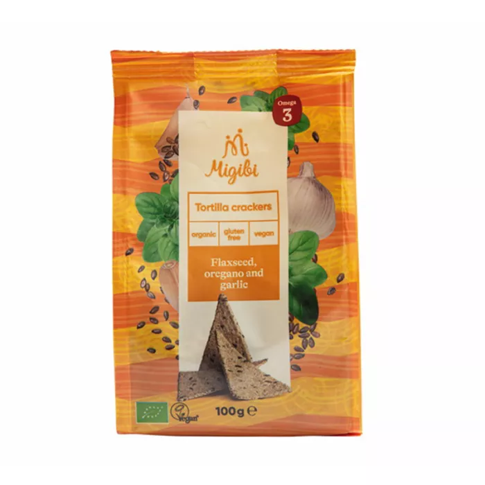 Tortilla Crackers cu oregano si usturoi, bio, vegan, fara gluten (100 grame), Migibi Tortilla Crackers cu oregano si usturoi, bio, vegan, fara gluten (100 grame), Migibi