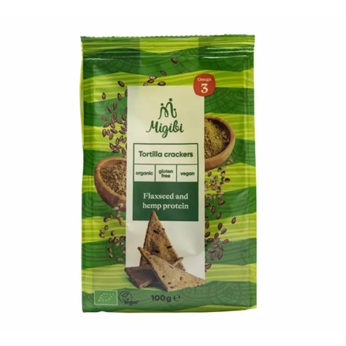 Tortilla Crackers cu seminte de in si proteina de canepa, bio, vegan, fara gluten (100 grame), Migibi Tortilla Crackers cu seminte de in si proteina de canepa, bio, vegan, fara gluten (100 grame), Migibi