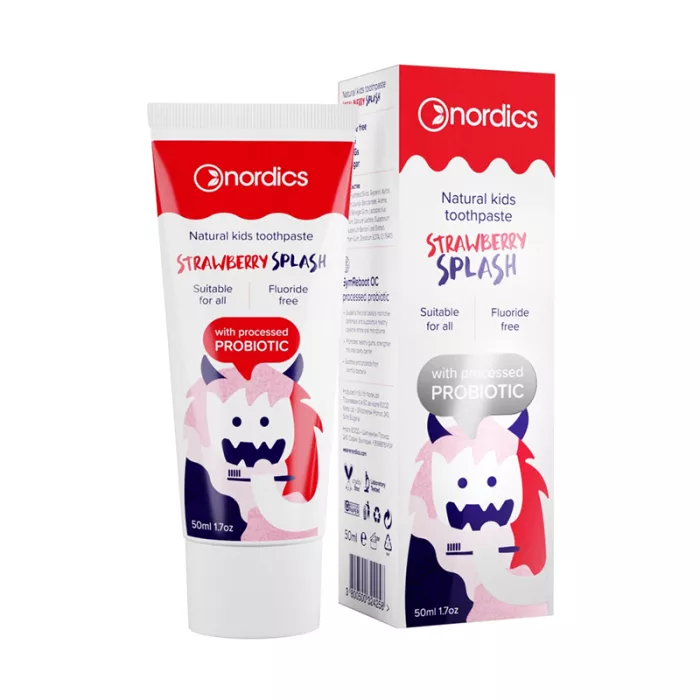 Pasta de dinti naturala pentru copii cu capsuni si probiotice (50 ml), Nordics Pasta de dinti naturala pentru copii cu capsuni si probiotice (50 ml), Nordics