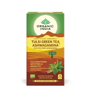 Ceai Tulsi Ashwagandha si ceai verde - adaptogen si anxiolitic (25 plicuri), Organic India Ceai Tulsi Ashwagandha si ceai verde - adaptogen si anxiolitic (25 plicuri), Organic India