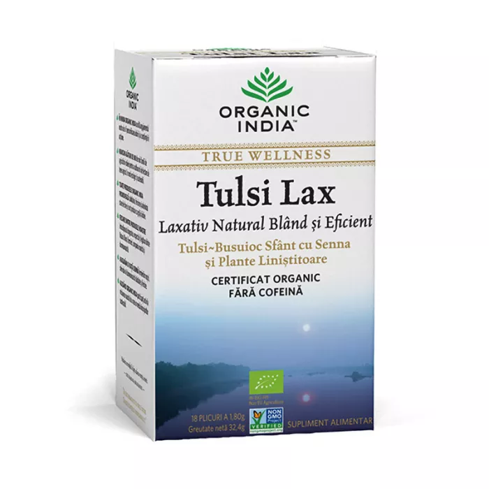 Ceai Tulsi Lax - ceai laxativ bland si eficient cu Senna (18 plicuri infuzie) , Organic India Ceai Tulsi Lax - ceai laxativ bland si eficient cu Senna (18 plicuri infuzie) , Organic India