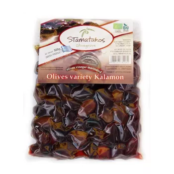 Masline Kalamata vidate marinate in otet bio (500 grame), Stamatakos