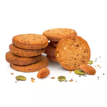 Cookies cu migdale, seminte de dovleac, chia si in, vegan, fara gluten (80 grame), The Beginnings Cookies cu migdale, seminte de dovleac, chia si in, vegan, fara gluten (80 grame), The Beginnings