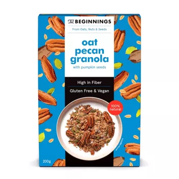 Granola cu ovaz si nuci pecan, vegan, fara gluten, fara zahar (200 grame), The Beginnings Granola cu ovaz si nuci pecan, vegan, fara gluten, fara zahar (200 grame), The Beginnings
