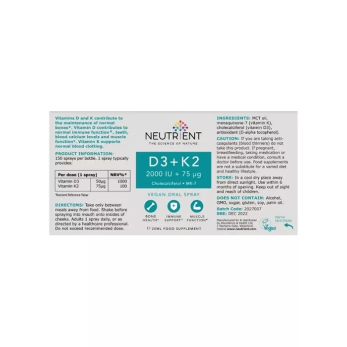 Neutrient™ D3+K2 2000UI+75µg Vegan Oral Spray (20 ml) Neutrient™ D3+K2 2000UI+75µg Vegan Oral Spray (20 ml)