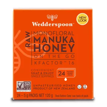 Miere de Manuka KFactor 16 RAW (24 plicuri x 5 grame), Wedderspoon